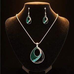 Blue & Green Enamel Swirl Cutout Teardrop Set – Silvertone w/Crystal Accents